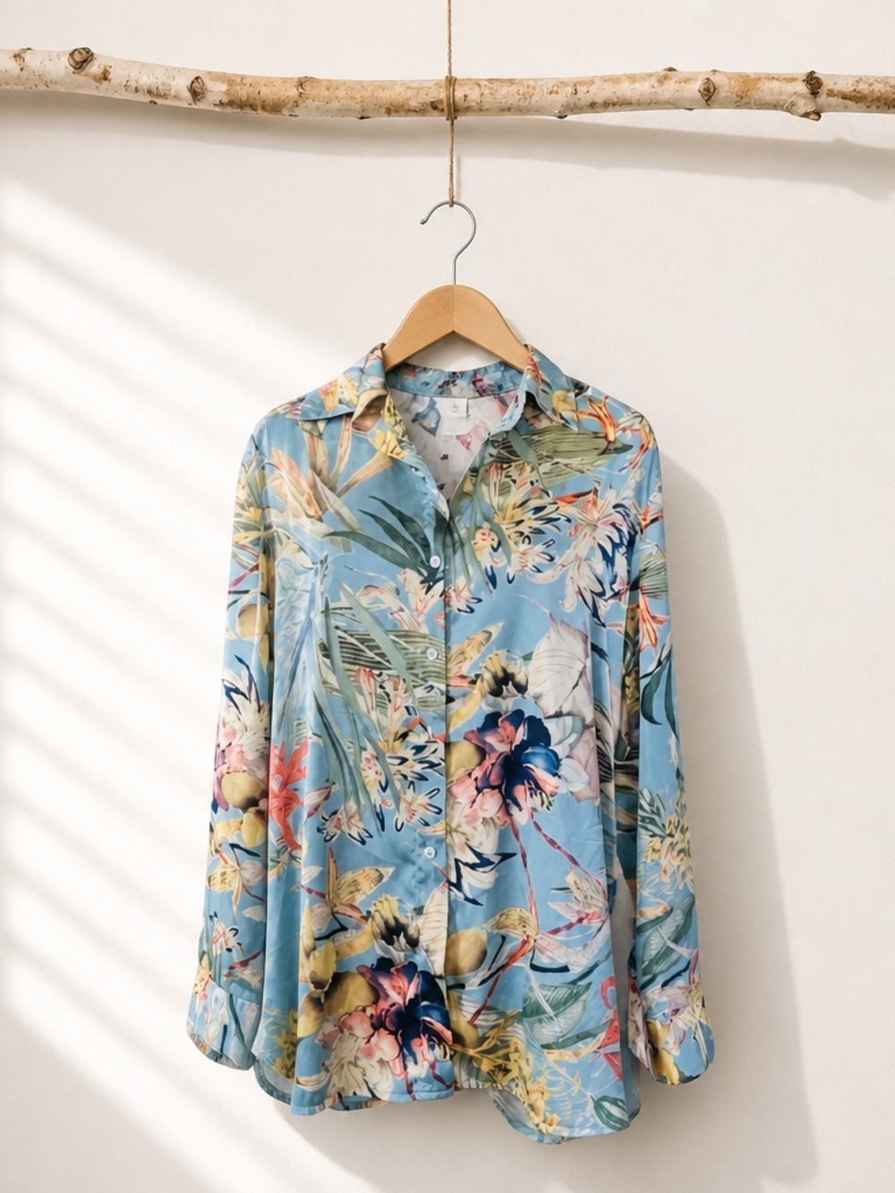 Ellison tropical print satin button down shirt